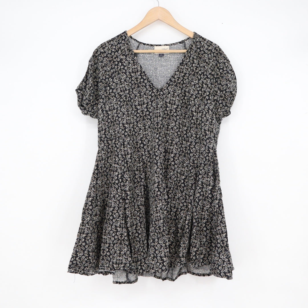 Universal Thread Black Floral V-Neck Tiered Mini Dress Short Puff Sleeve Large