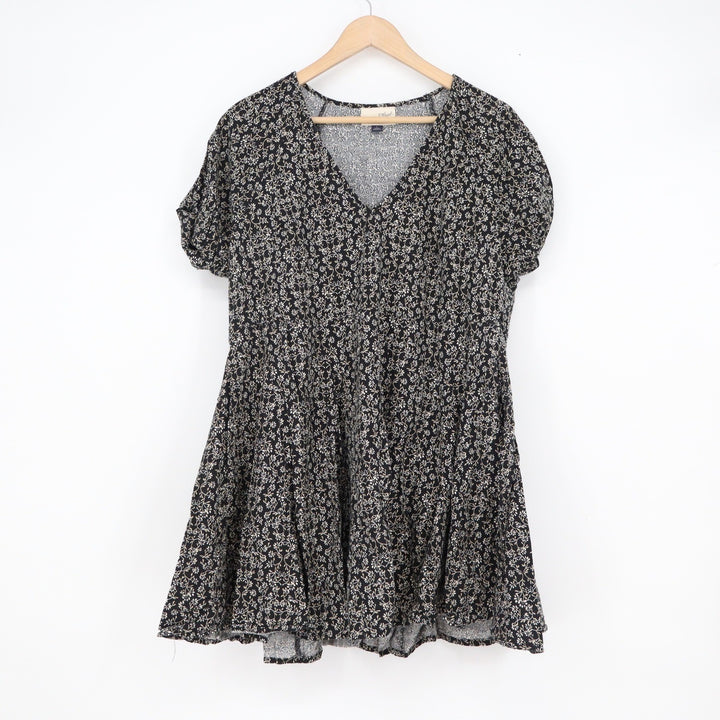 Universal Thread Black Floral V-Neck Tiered Mini Dress Short Puff Sleeve Large