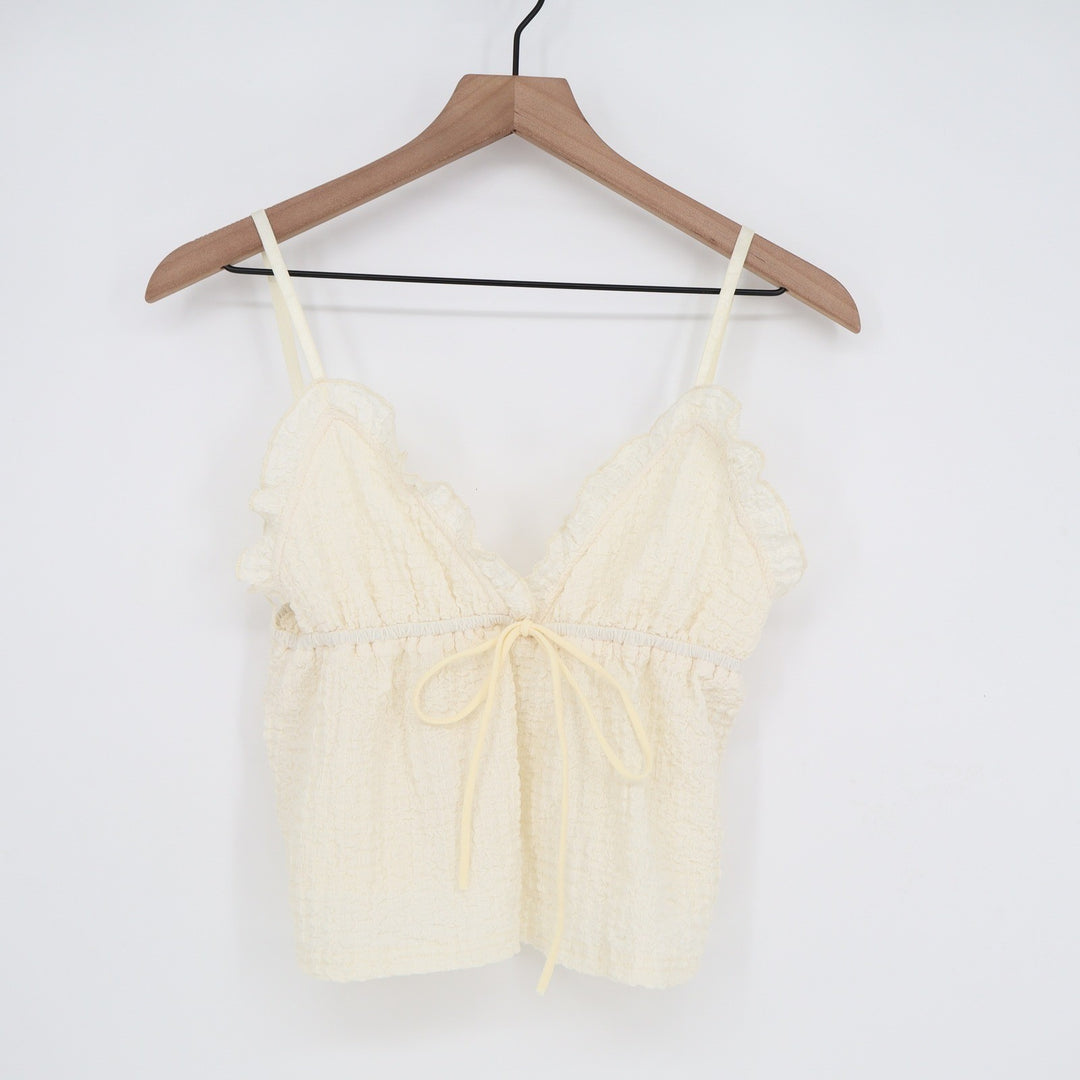 Cream Textured Ruffle Tie Front Camisole Top Adjustable Straps Size L