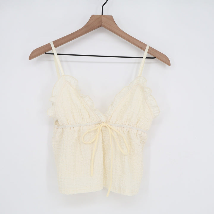 Cream Textured Ruffle Tie Front Camisole Top Adjustable Straps Size L
