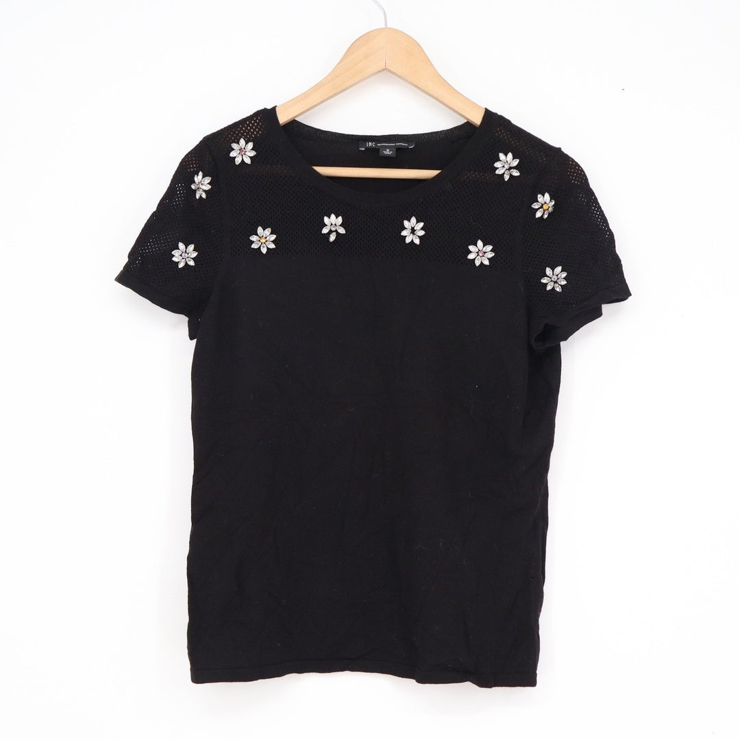 INC International Concepts Womens Black Rhinestone Flower Mesh Knit Top Size M
