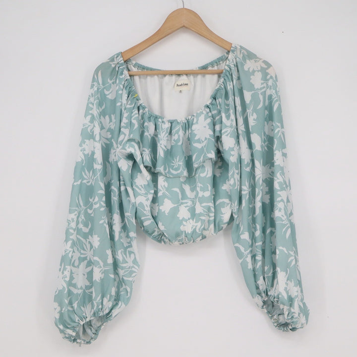 Peach Love California Floral Ruffle Off Shoulder Crop Top Sage Green M
