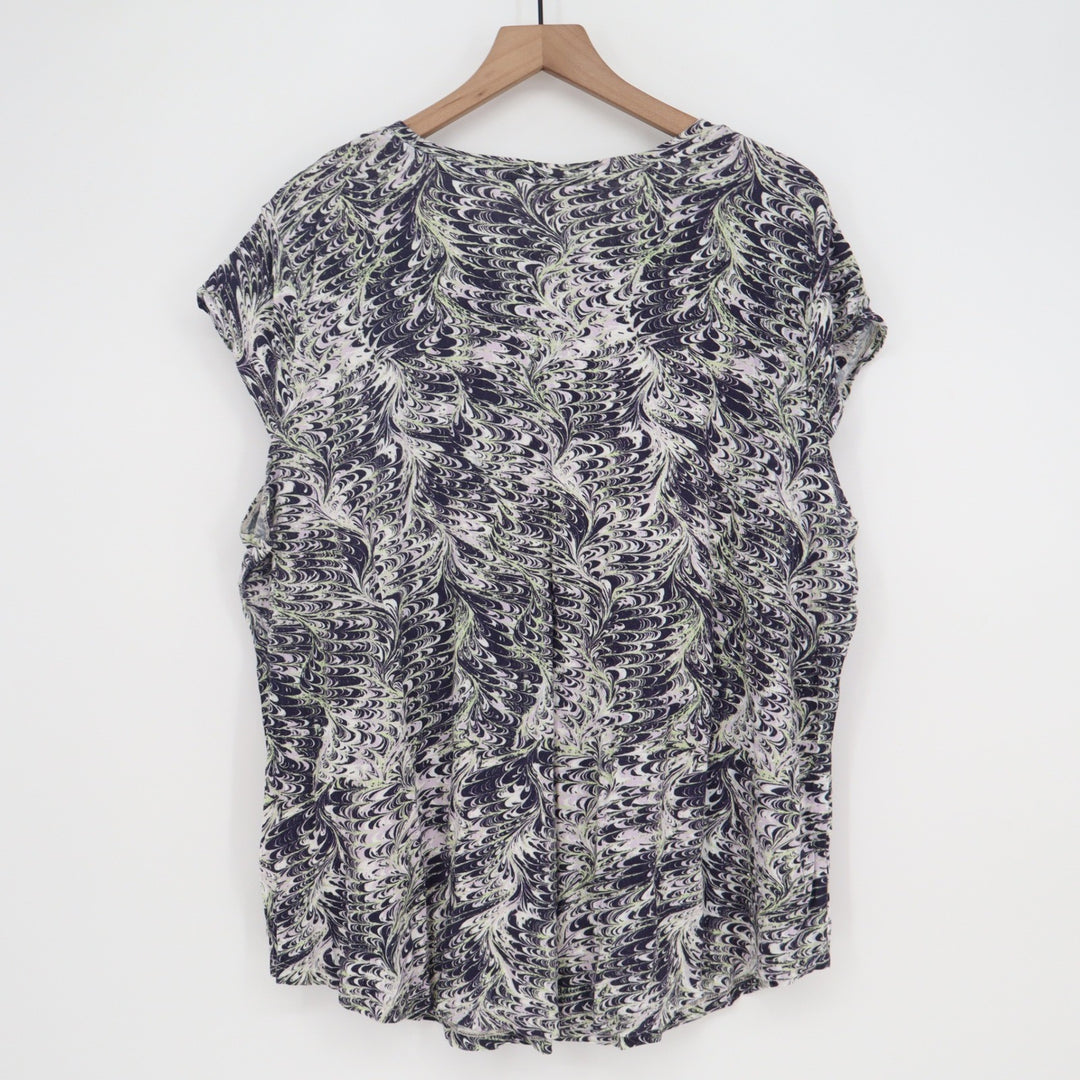 Emaline Top Womens 2X Marbled Swirl Print Purple Black Cap Sleeve Excellent