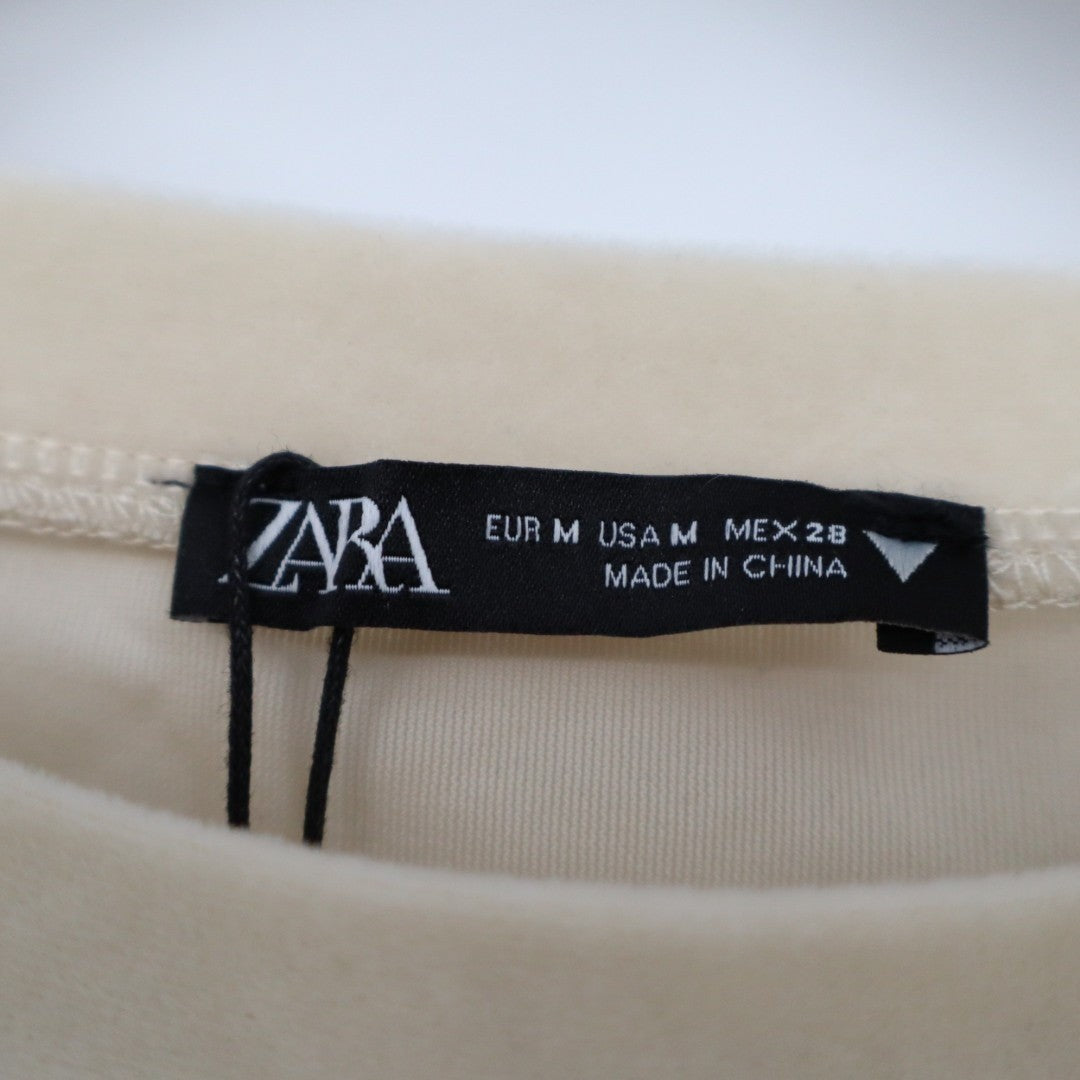 Zara Crop Sweatshirt Women's Medium Beige Stretch Long Sleeve Crew Neck Pullover