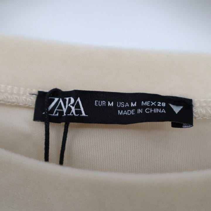 Zara Crop Sweatshirt Women's Medium Beige Stretch Long Sleeve Crew Neck Pullover