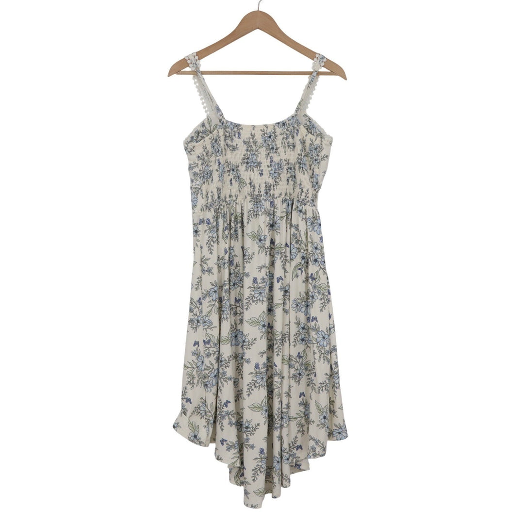 No Boundaries Floral High-Low Sundress Cream Blue Smocked Back Size L 11-13