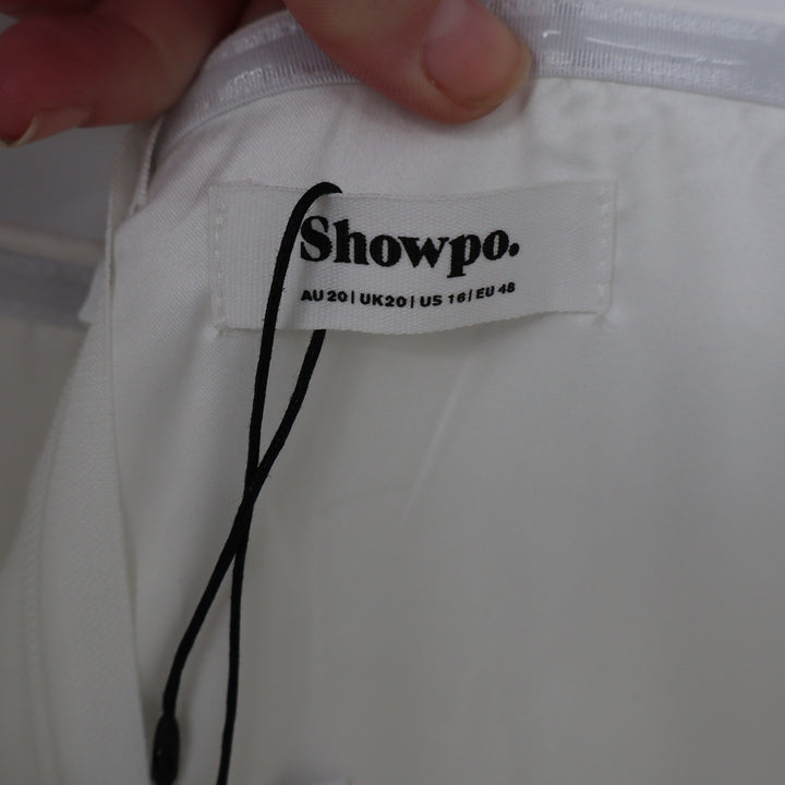 Showpo Jeannie Maxi Dress Off White Corset Panel High Split Strapless US 16 NEW