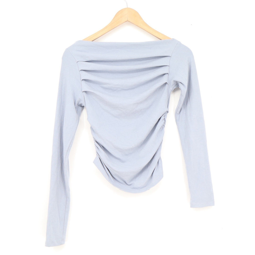 Daron Light Blue Ruched Long Sleeve Top Boat Neck Gathered Knit Size M