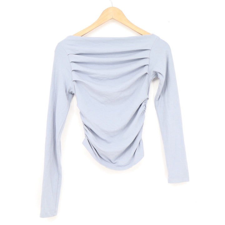 Daron Light Blue Ruched Long Sleeve Top Boat Neck Gathered Knit Size M