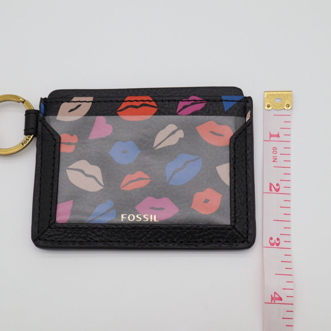 Fossil Lee Women's Card Case Black Leather Lips ID Window Wallet with Keychain