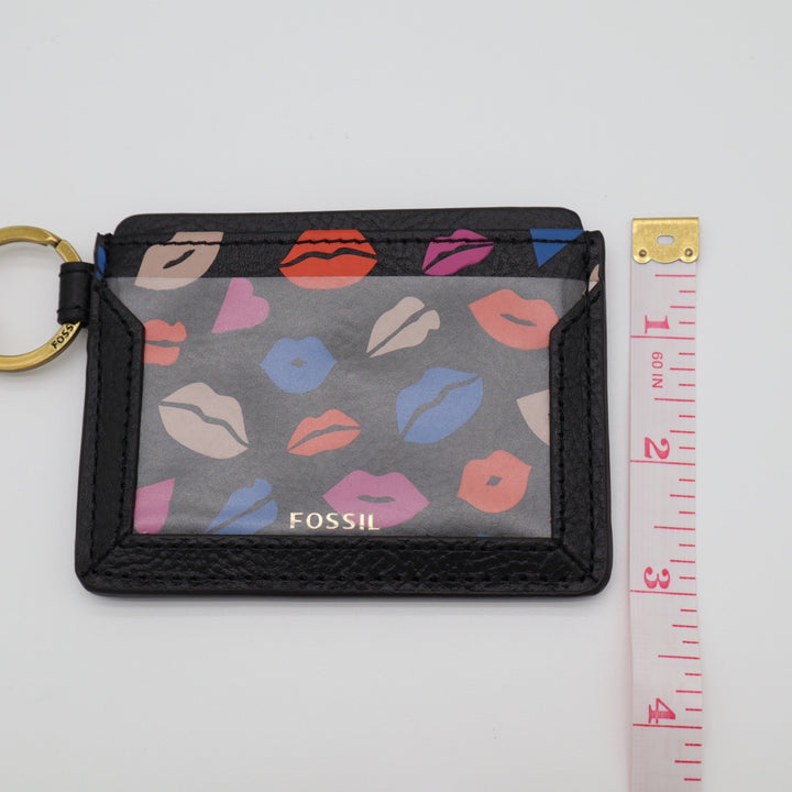 Fossil Lee Women's Card Case Black Leather Lips ID Window Wallet with Keychain