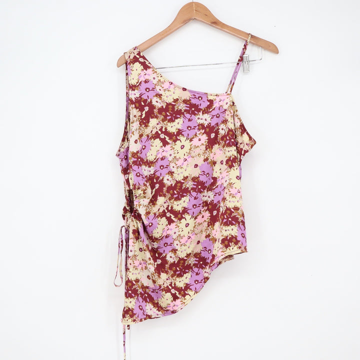 Open Edit Top Womens L Asymmetrical One Shoulder Floral Purple Side Cinch