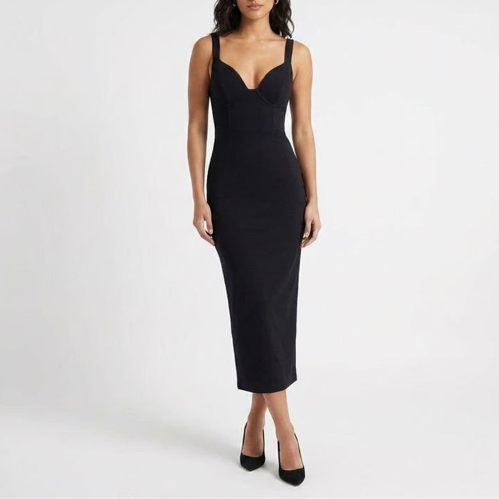 Naked Wardrobe Black Ribbed Bustier Maxi Dress Sleeveless Bodycon L