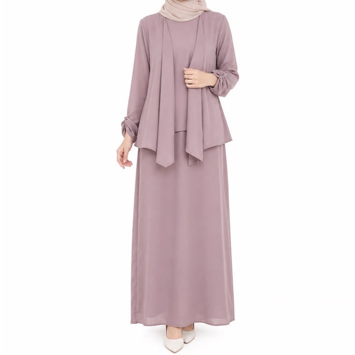 Mauve Two Piece Maxi Dress Set Ruched Sleeve Jacket Formal Wedding Guest Size 12