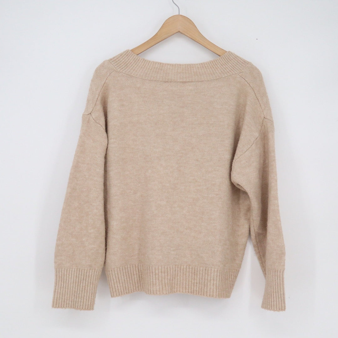 Tan Beige V-Neck Knit Pullover Sweater Relaxed Fit Long Sleeve