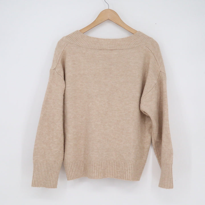 Tan Beige V-Neck Knit Pullover Sweater Relaxed Fit Long Sleeve