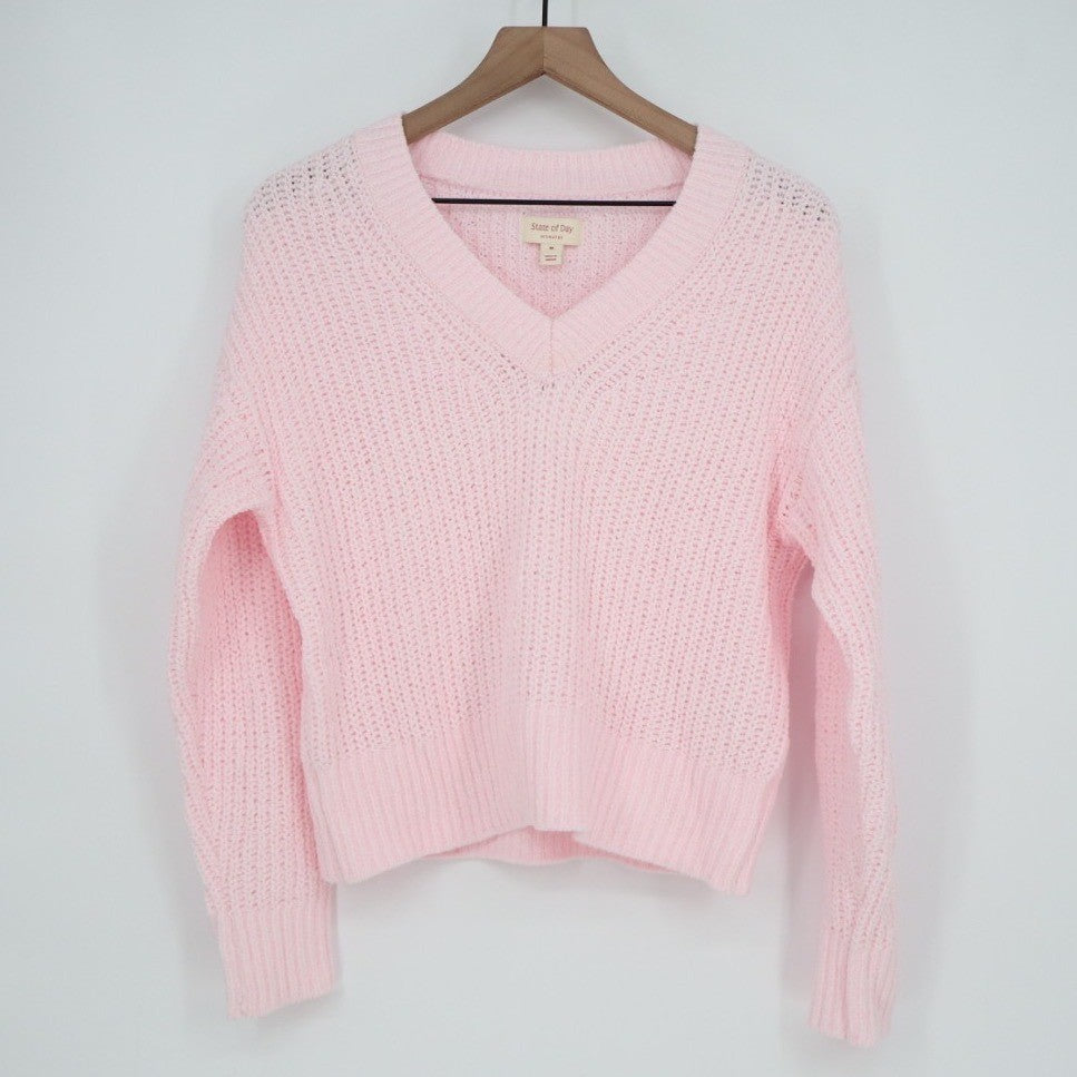 State Of Day Intimates Sweater Womens Medium Pink Waffle Knit V-Neck Long Sleeve