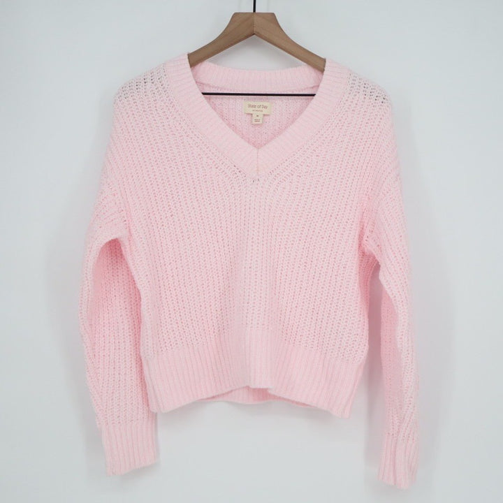 State Of Day Intimates Sweater Womens Medium Pink Waffle Knit V-Neck Long Sleeve