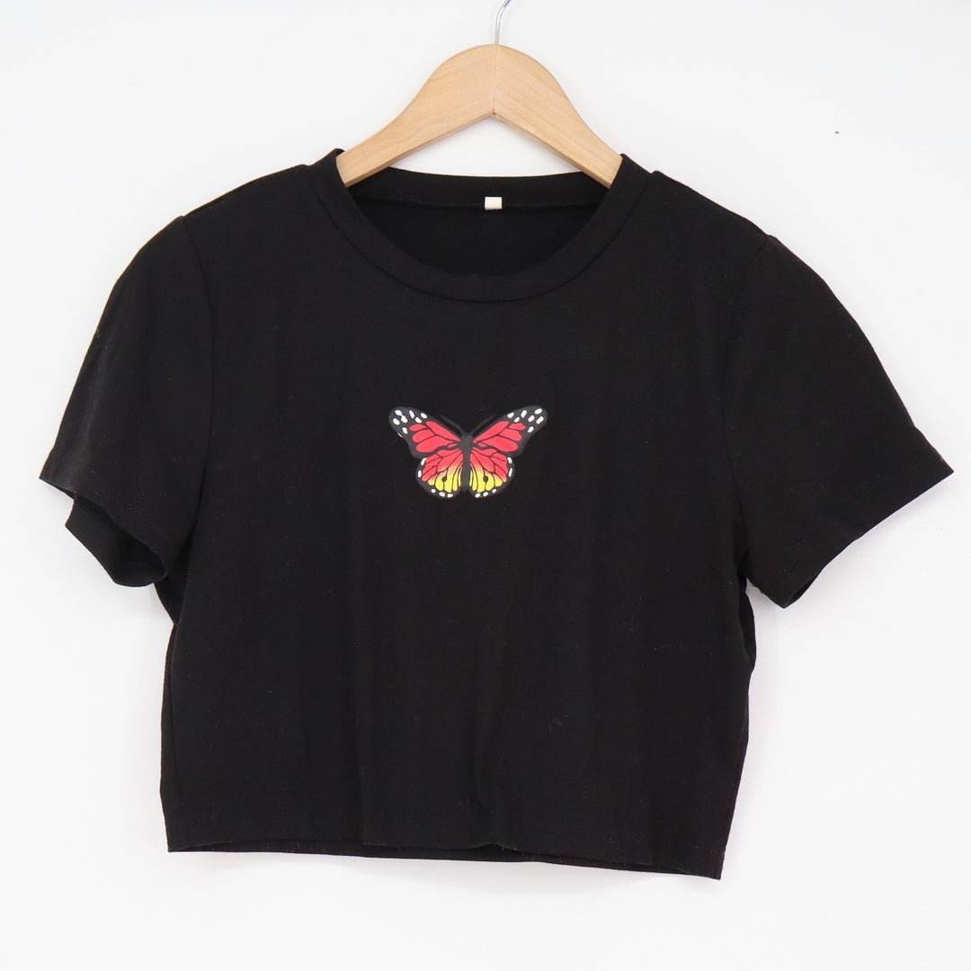 SHEIN Crop Top Womens M Butterfly Graphic Black Short Sleeve Baby Tee Excellent