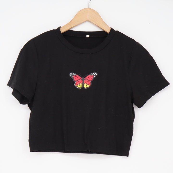 SHEIN Crop Top Womens M Butterfly Graphic Black Short Sleeve Baby Tee Excellent
