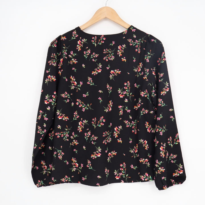 J. Crew Blouse Top Womens XS Black Multi Floral Balloon Sleeve Keyhole Neck