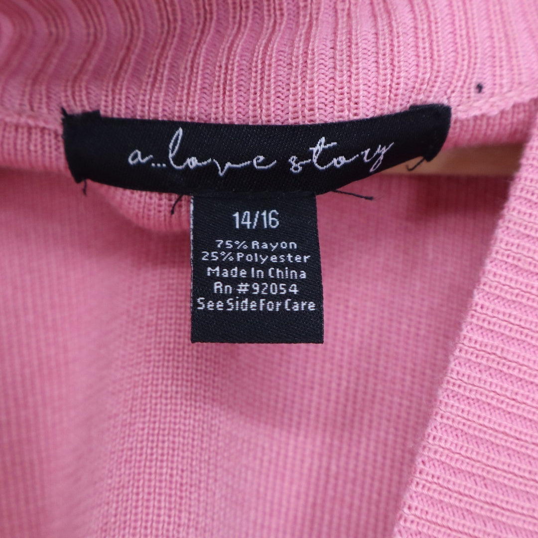 A Love Story Pink Puff Sleeve Open Front Cardigan Sweater Pockets Sz 14/16 L XL