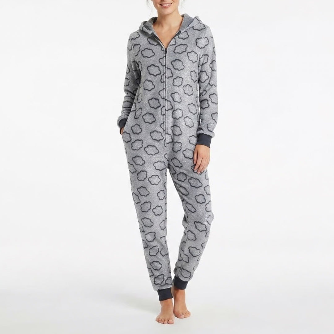 SO Intimates Womens Gray Cloud Glitter Fleece Hooded Union Suit Pajamas Medium
