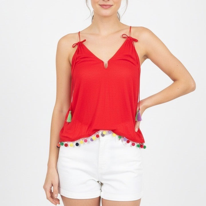 Central Park West Red Linen Viscose Tank Tassels Pom Pom Embellished Size L