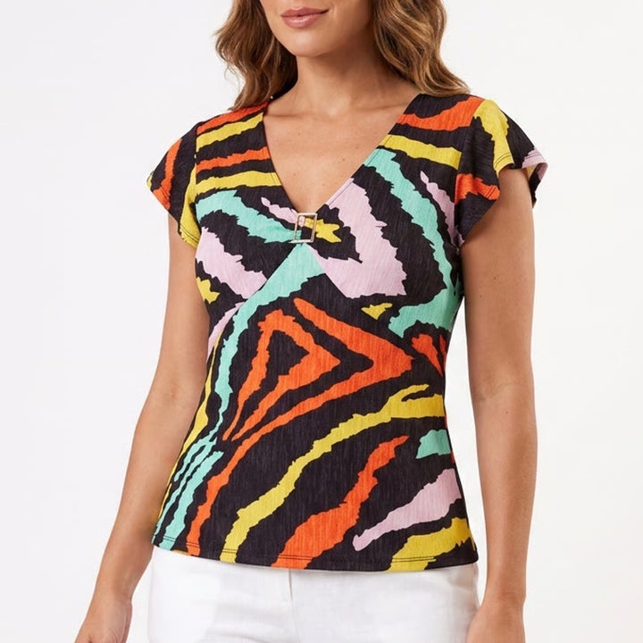Bold Elements Womens Zebra Print V-Neck Flutter Sleeve Buckle Top Multicolor L