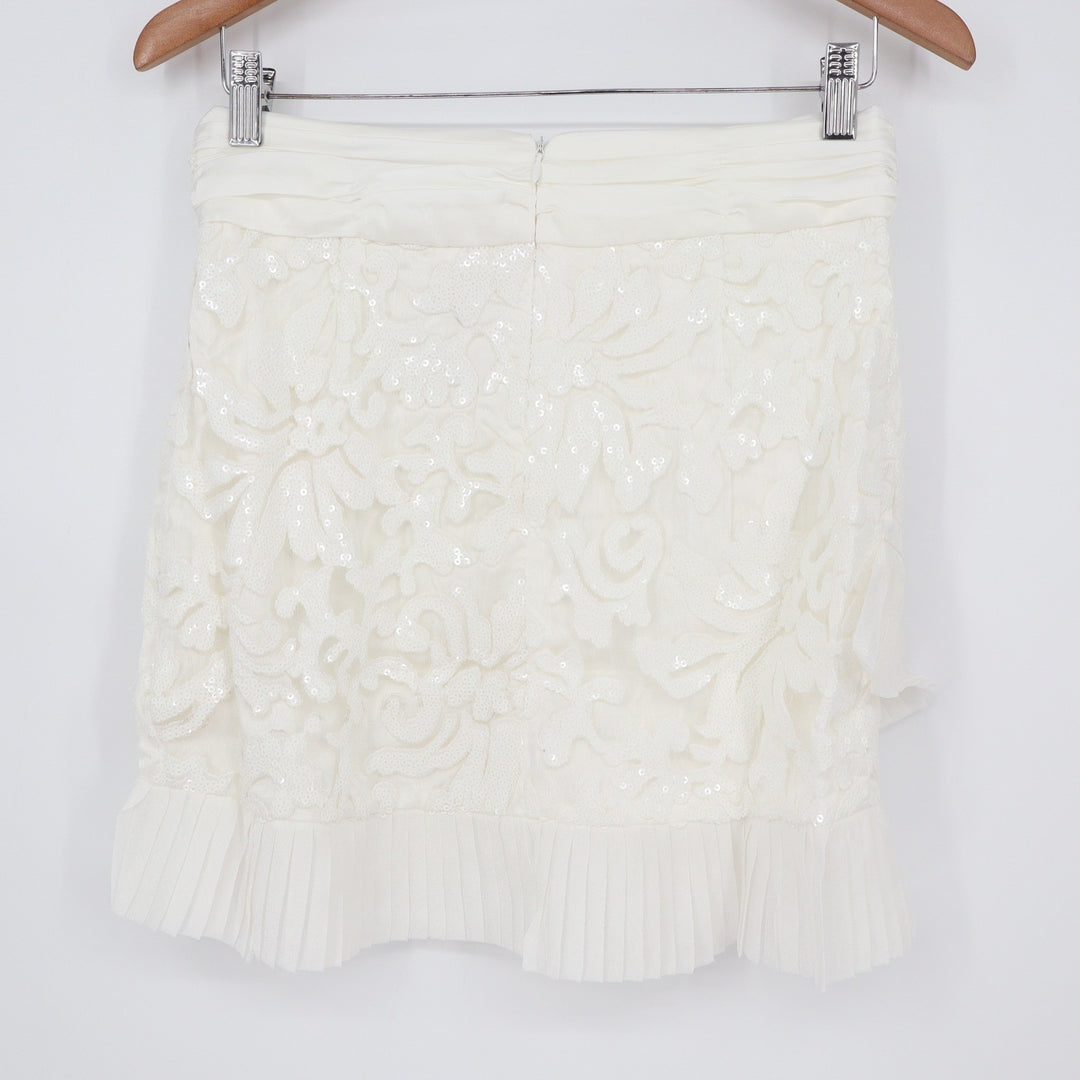 Naked Wardrobe White Sequin Floral Mini Skirt Pleated Ruffle M