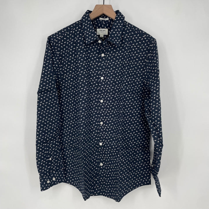 Julian Mark Button Down Shirt Navy Blue White Dot Print Long Sleeve Men Size L