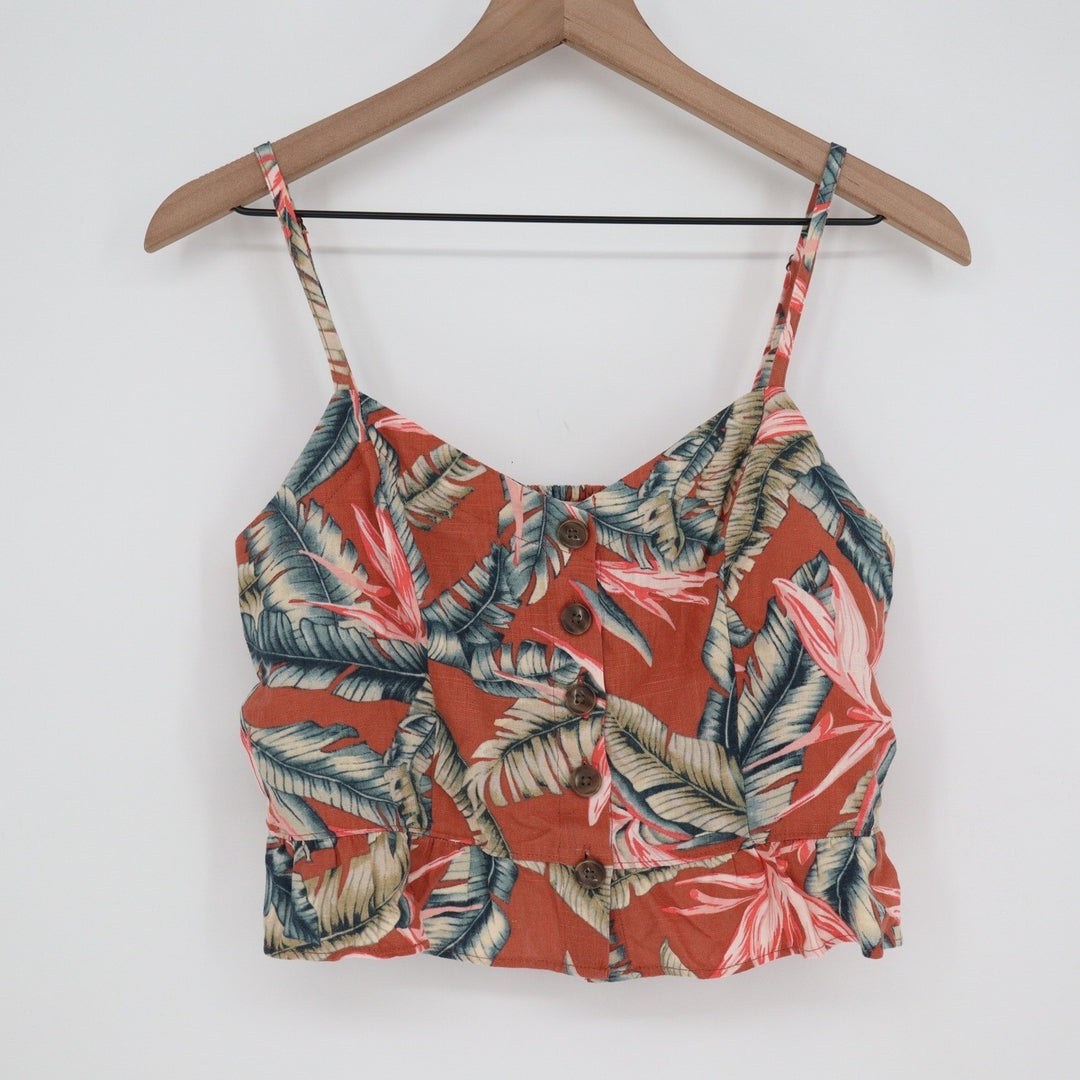 LOFT Tropical Palm Floral Button Front Linen Blend Crop Cami Top Orange Size 2