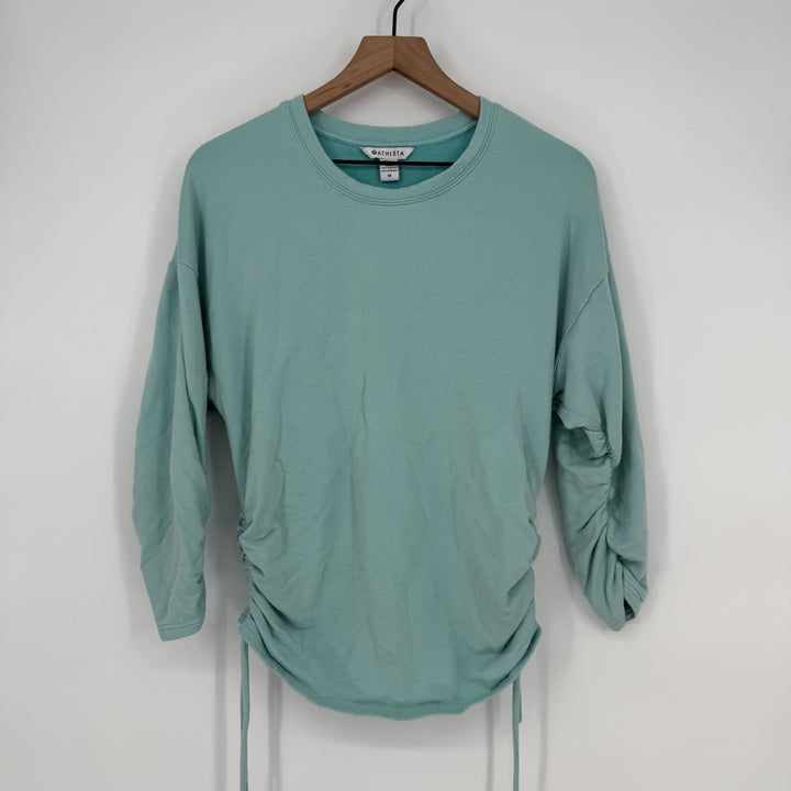 Athleta Lombard Ruched Sweatshirt Womens Medium Mint Blue Stretch Down Shoulder