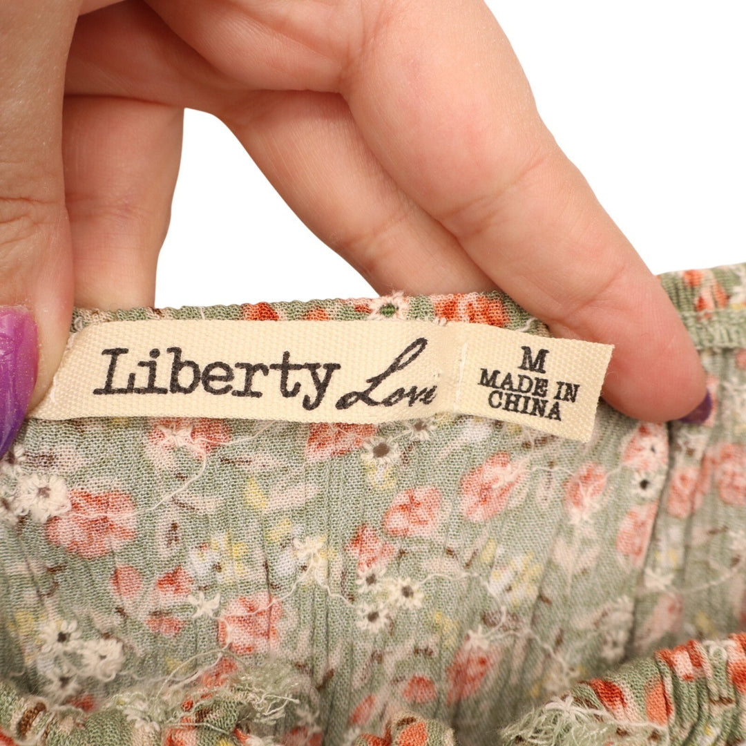Liberty Love Mini Dress Womens Medium Green Floral Smocked Bodice Puff Sleeve