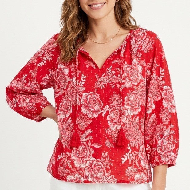 Style & Co Tunic Top Womens Medium Red White Floral Cotton 3/4 Sleeve Split Neck