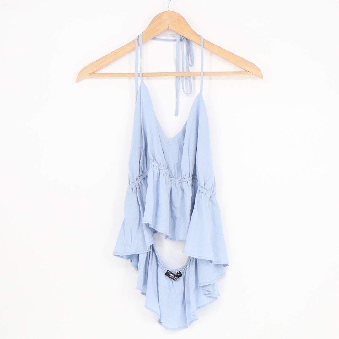 Shein Curve Blouse Womens XL Blue Stretch Cut Out Spaghetti Strap Henley Neck