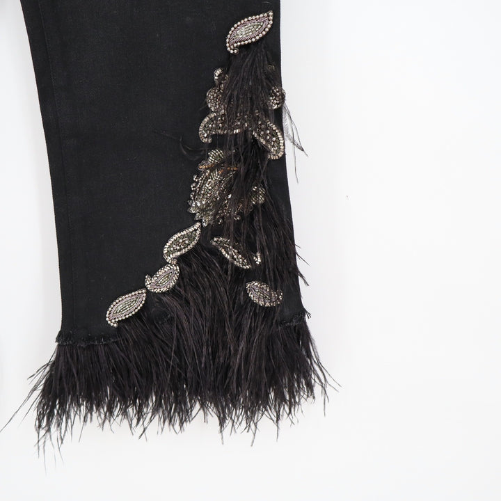 Kobi Halperin Black Beaded Feather Trim Cropped Flare Pants 10