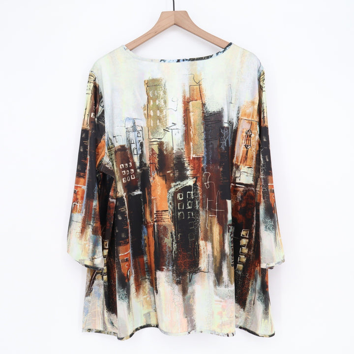 Ali Miles Top Womens 1X Cityscape Skyline Print Multicolor 3/4 Sleeve Excellent