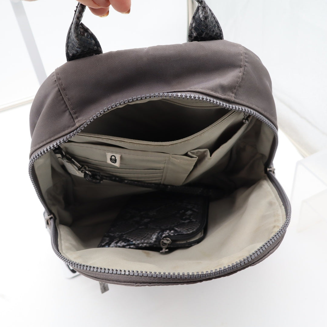 Baggallini Gray Nylon Backpack Snakeskin Trim Small Travel Bag with Pouch Padded