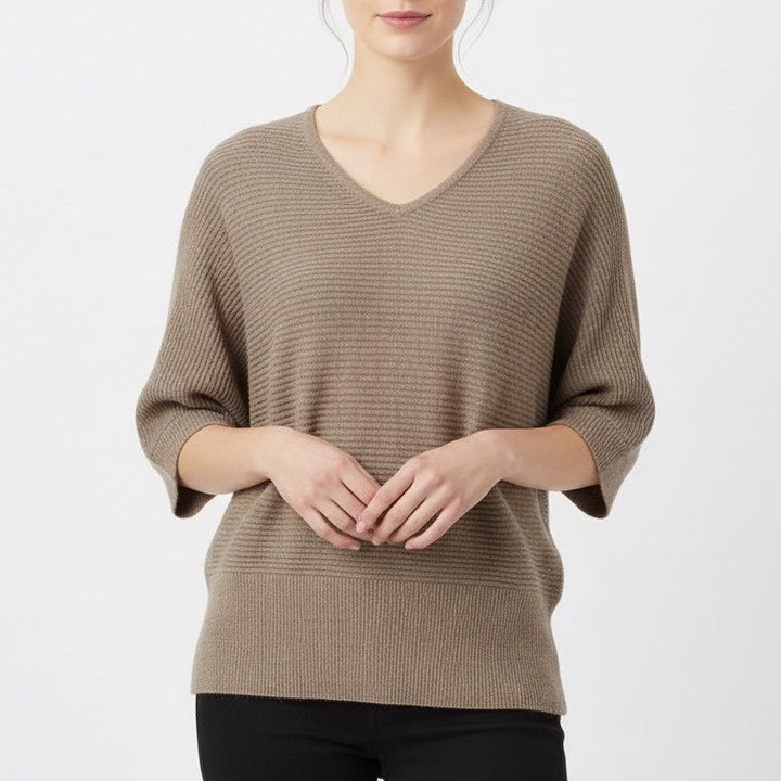 NEW YORK & COMPANY Brown Metallic Knit Dolman Sleeve V Neck Sweater XS