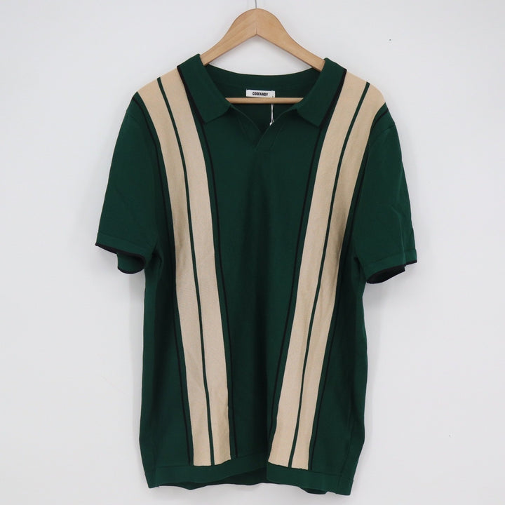 COOFANDY Mens Green Knit Polo Shirt Vertical Stripe Retro Short Sleeve Large NEW