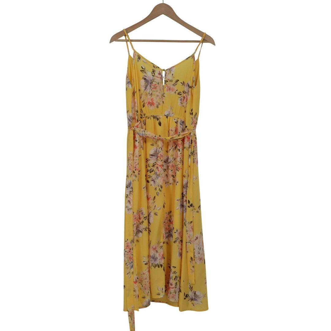 Mi Ami Yellow Floral Midi Dress Surplice V-Neck Spaghetti Strap L