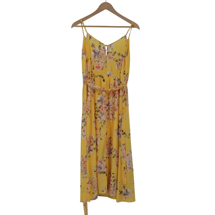 Mi Ami Yellow Floral Midi Dress Surplice V-Neck Spaghetti Strap L