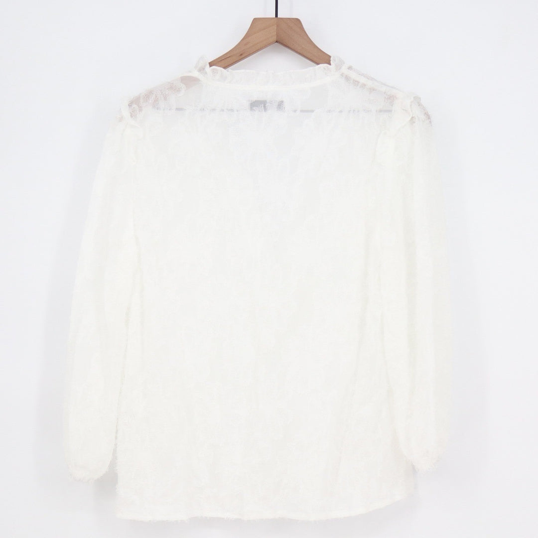 SHEIN White Floral Lace Ruffle V-Neck Button Front Long Sleeve Blouse Large