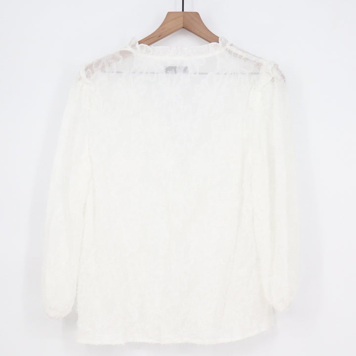 SHEIN White Floral Lace Ruffle V-Neck Button Front Long Sleeve Blouse Large