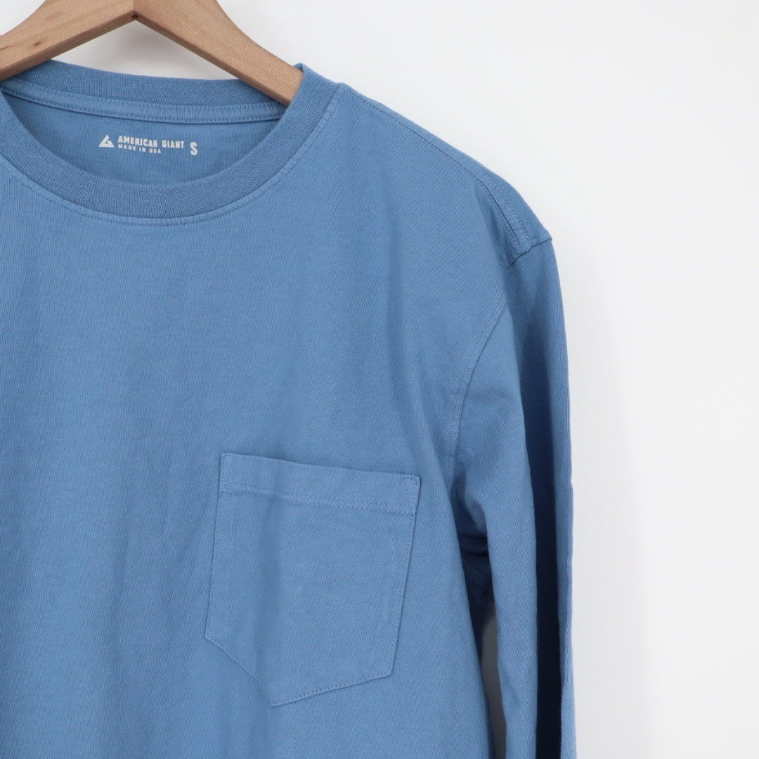 American Giant Blue Cotton Long Sleeve Pocket T Shirt Size S Made in USA