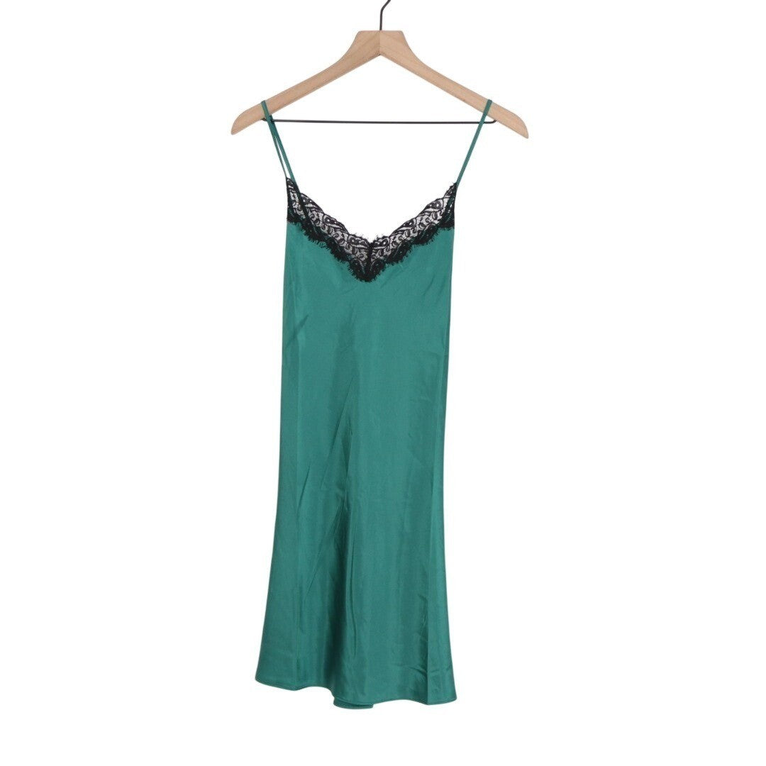Linea Donatella Babydoll Dress Women Medium Green Stretch V-Neck Spaghetti Strap