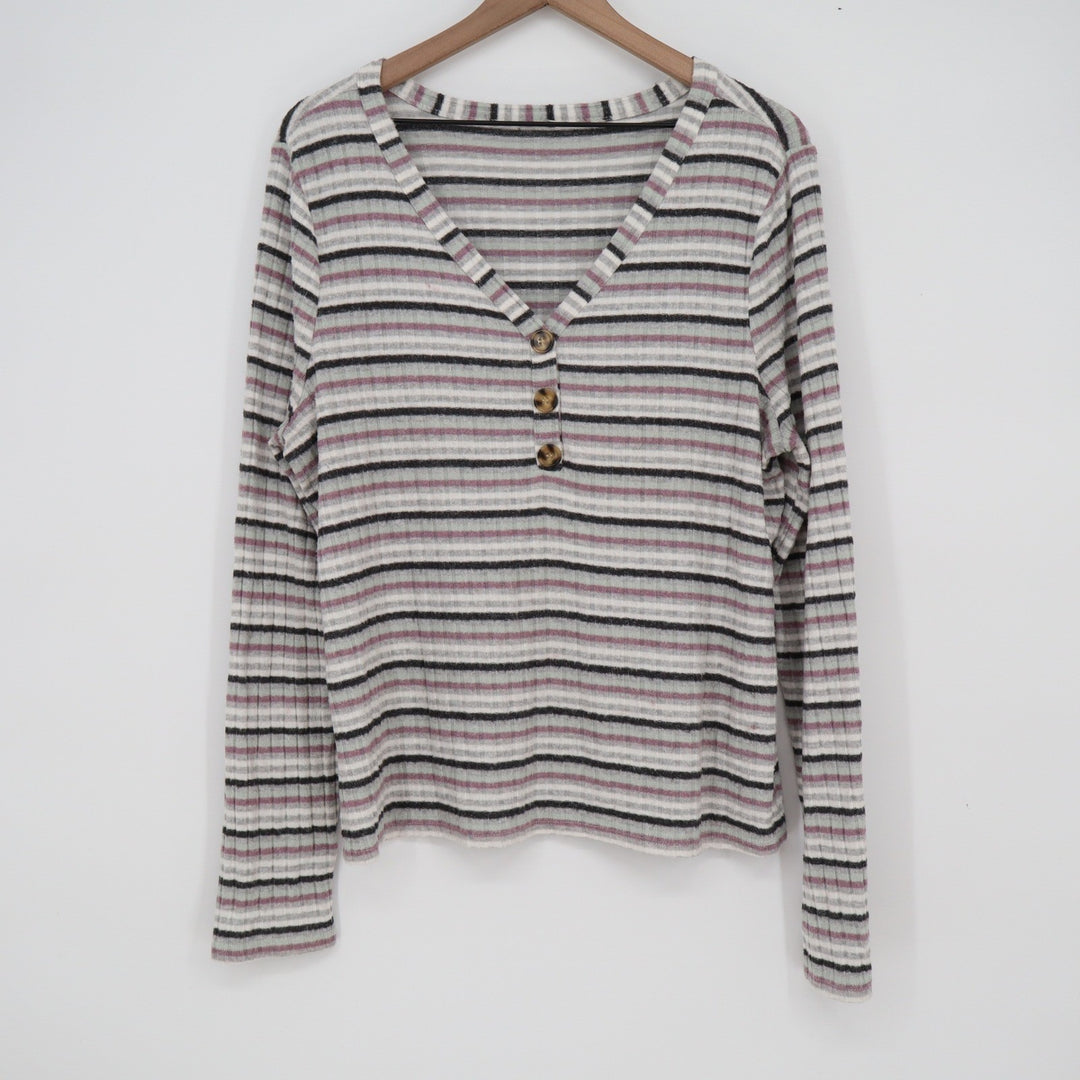 Striped Ribbed Knit Henley V-Neck Long Sleeve Top Grey Burgundy