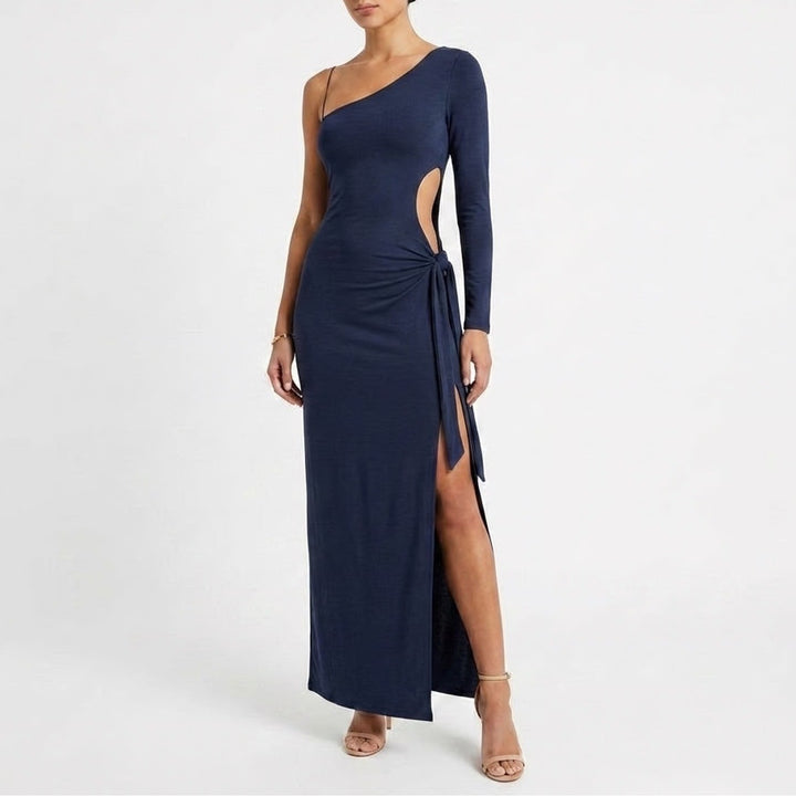 Naked Wardrobe Navy Blue One Shoulder Side Tie Maxi Dress S