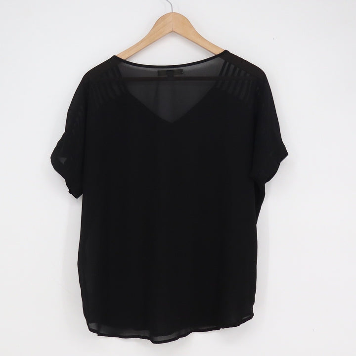 YA Los Angeles Black V-Neck Blouse Short Sleeve Ladder Cutout Sheer Back Large